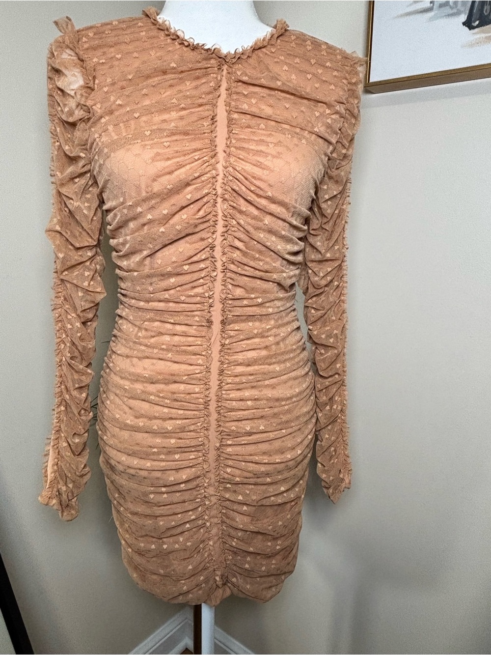 NBD Nude Tan Heart Mesh Ruched Long Sleeve Bodycon Mini Dress Medium